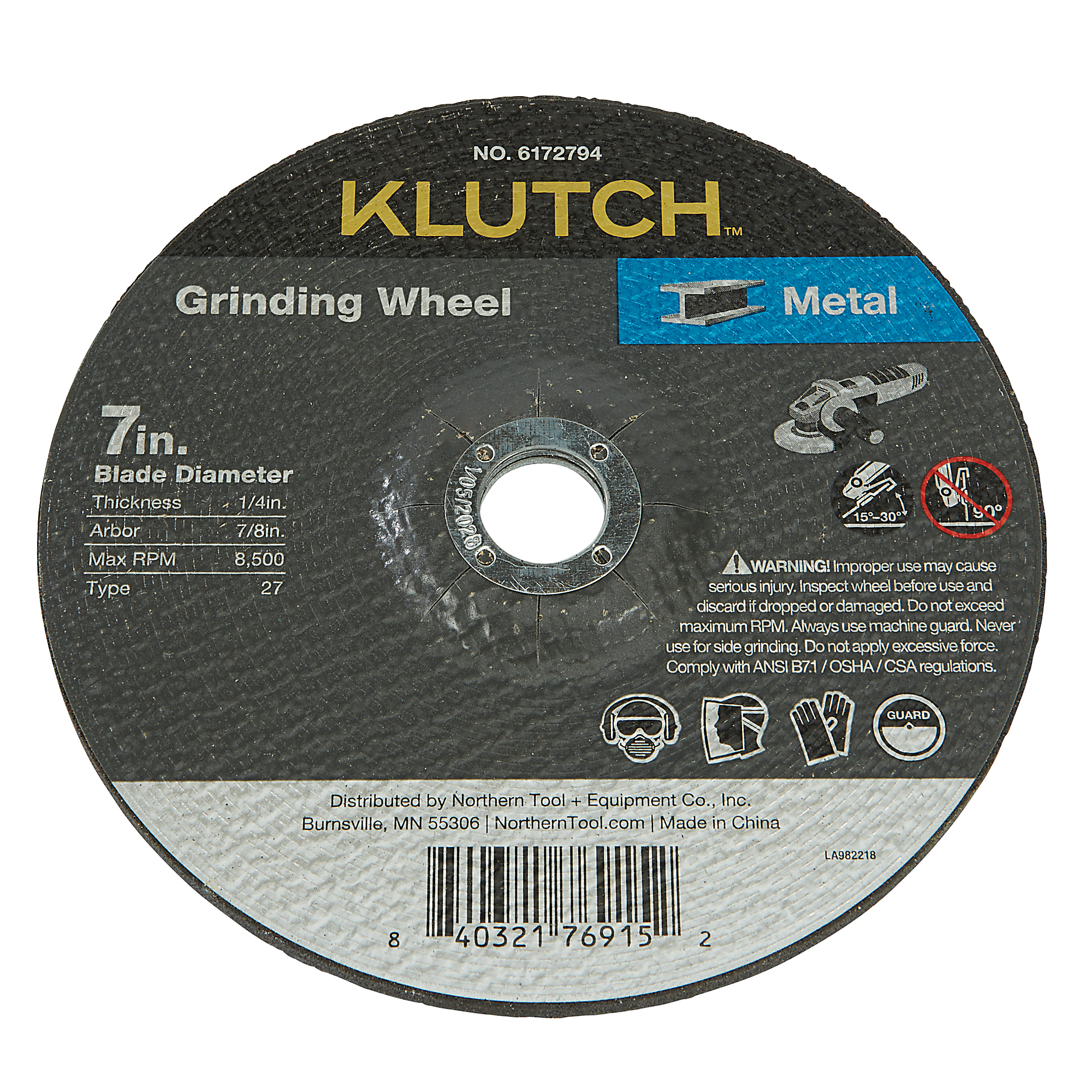 Klutch DCW Metal Grinding Wheel, 7in. x 1/4in. x 7/8in., Type 27
